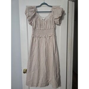 Tuckernuck Pomander Place Beige Striped Puff Sleeve Flynn Dress Sz Large Pockets